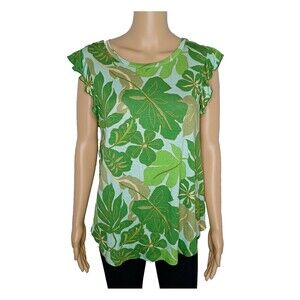 Kim & Cami Womens Medium Green Floral Tropical Ruffled Sleeves Summer Top